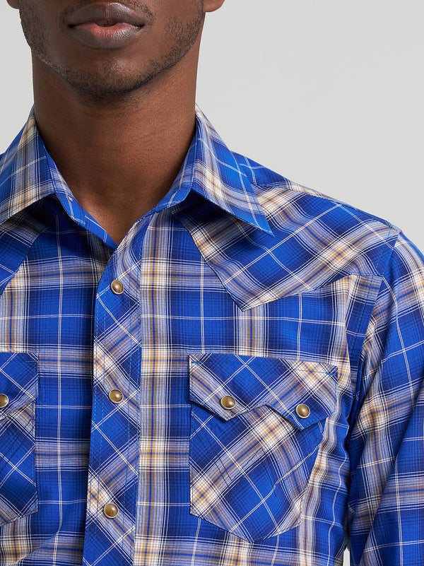 Wrangler Mens Blue Plaid Retro Long Sleeve Sawtooth Snap Shirt-112385597