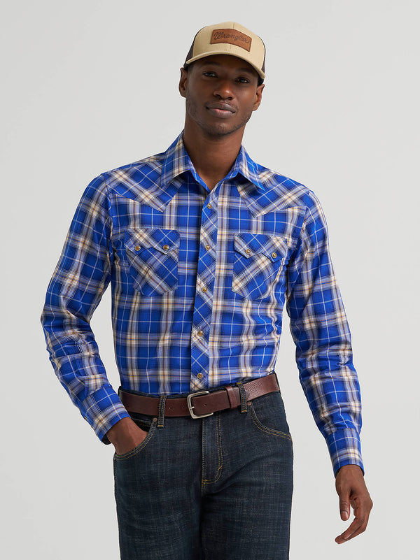 Wrangler Mens Blue Plaid Retro Long Sleeve Sawtooth Snap Shirt-112385597