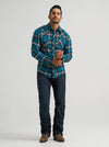 Wrangler Men's Retro Long Sleeve Flannel Western Snap Plaid Shirt Stormy Blue 112385917