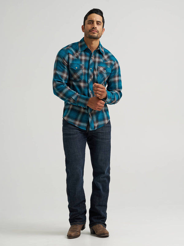 Wrangler Men's Retro Long Sleeve Flannel Western Snap Plaid Shirt Stormy Blue 112385917