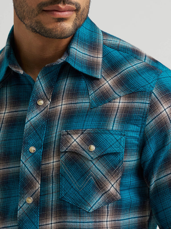Wrangler Men's Retro Long Sleeve Flannel Western Snap Plaid Shirt Stormy Blue 112385917