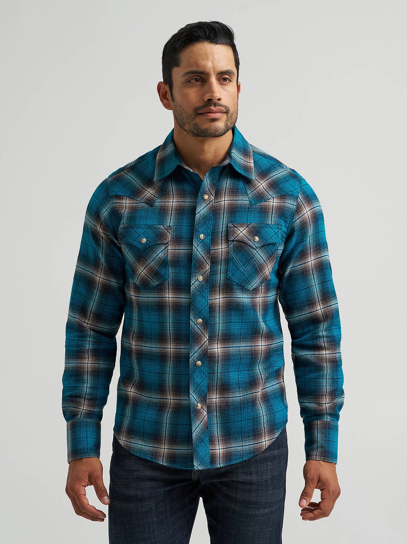 Wrangler Men's Retro Long Sleeve Flannel Western Snap Plaid Shirt Stormy Blue 112385917