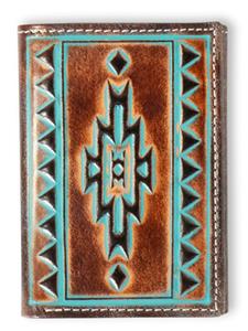 Ariat Western Mens Wallet Trifold Leather Turquoise Outline Brown A3560202