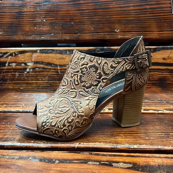 Roper Ladies Vintage Brown Embossed Leather Open Toe Sandal 09-021-0946-3308