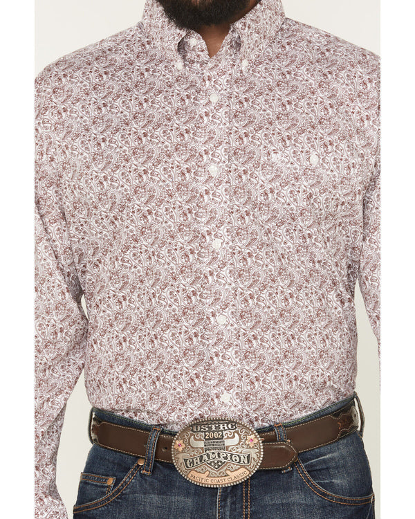 Wrangler Mens Wine Red Paisley Long Sleeve Western Button Shirt-112369438