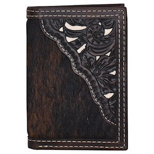 Trenditions TONY LAMA GENUINE BRINDLE HAIR ON LEATHER W/ TOOLED YOKE AND IVORY UNDERLAY TRIFOLD WALLET 23141322W4