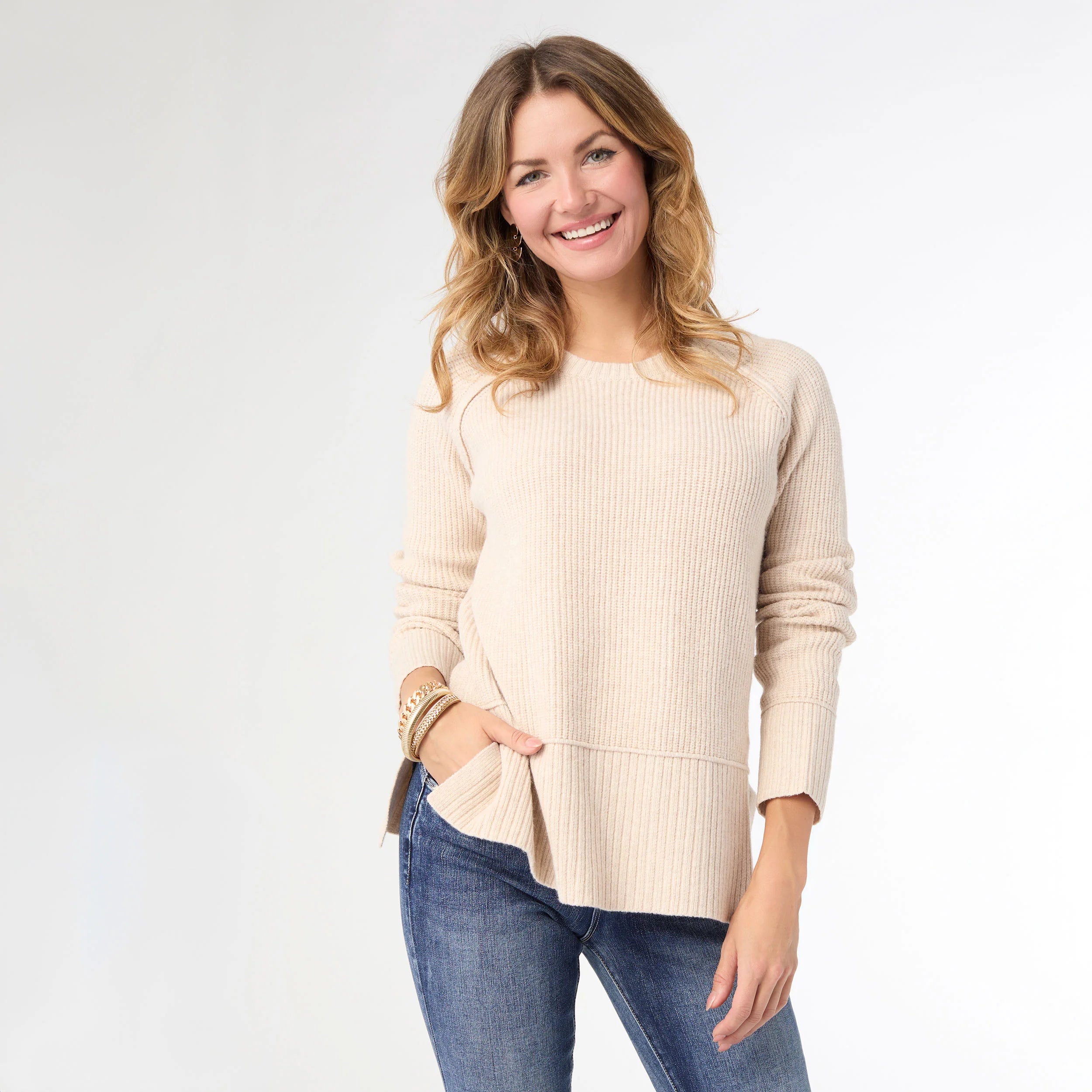 Ladies Coco & Carmen Helix Crew Neck Sweater with Side Slit - Oatmeal - 2539128