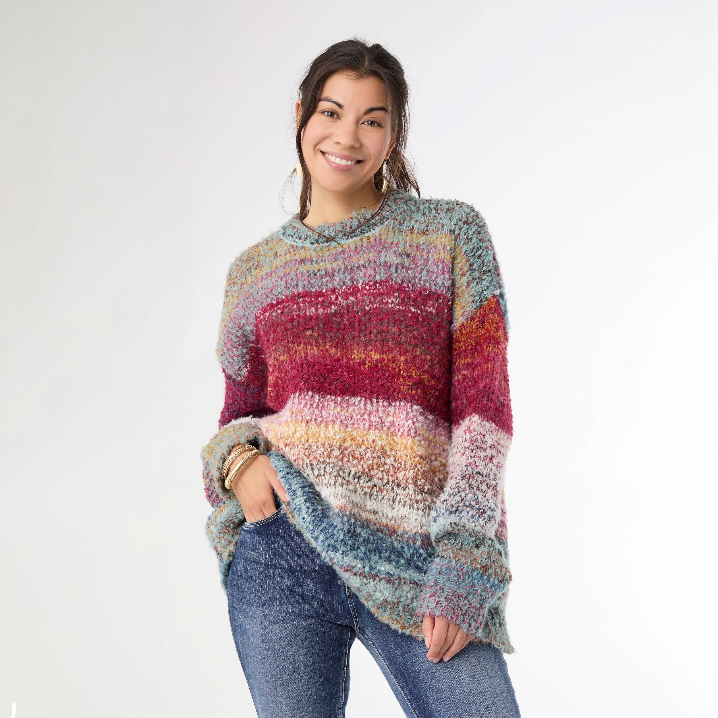 Ladies Coco & Carmen Madge Multi Stripe Loose Ombre Sweater - 2539134