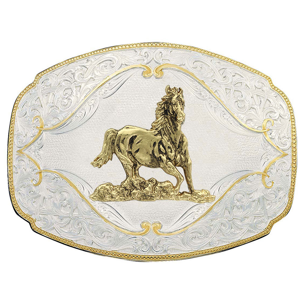 Montana Silversmiths Gold Flourish Western Belt Buckle with Galloping Horse 2920-463