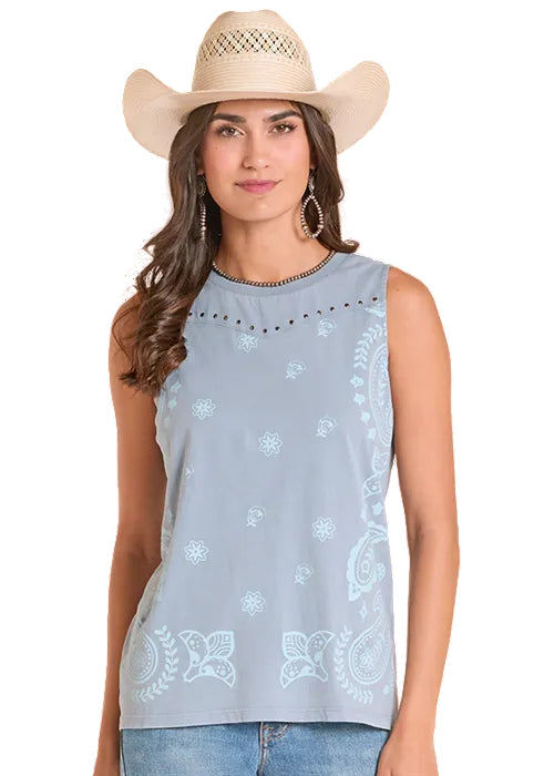 Ladies Panhandle Slim Powder Blue Bandana Print Sleeveless Tee Shirt - LW20T08834