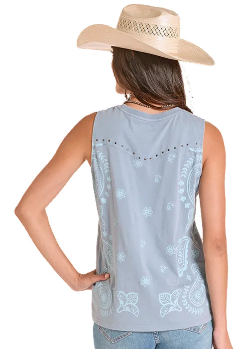 Ladies Panhandle Slim Powder Blue Bandana Print Sleeveless Tee Shirt - LW20T08834
