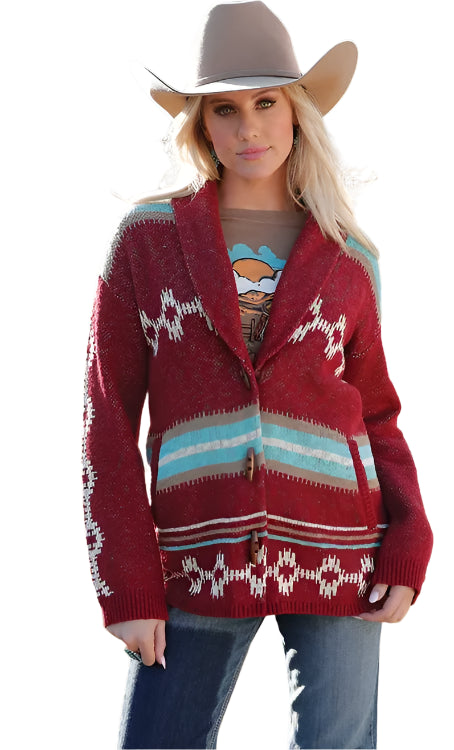 Cruel Girl Denim Ladies Red Aztec Cardigan  - CWK7482001