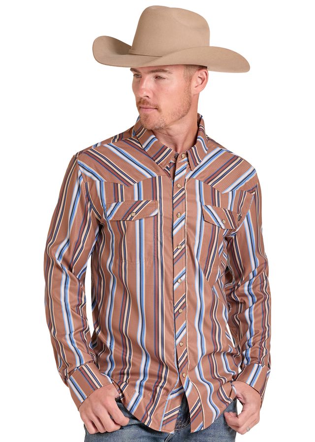 Rock & Roll Mens Tek Stripe Printed LS Pearl Snap -BMN2S09459