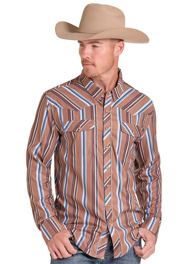 Rock & Roll Mens Tek Stripe Printed LS Pearl Snap -BMN2S09459