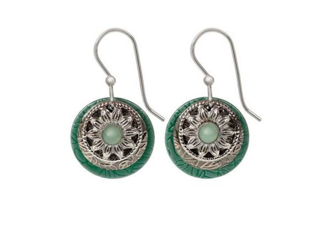 Silver Forest Green Circle Earrings-NE-0277D