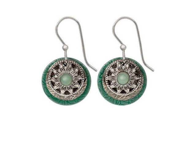 Silver Forest Green Circle Earrings-NE-0277D