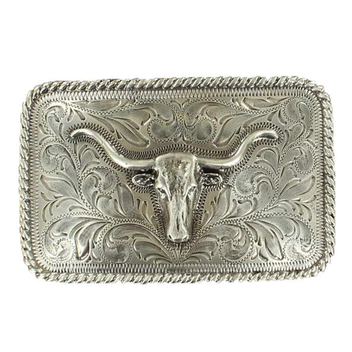 Nocona Silver Rectangular Longhorn With Rope Edge Buckle 37524