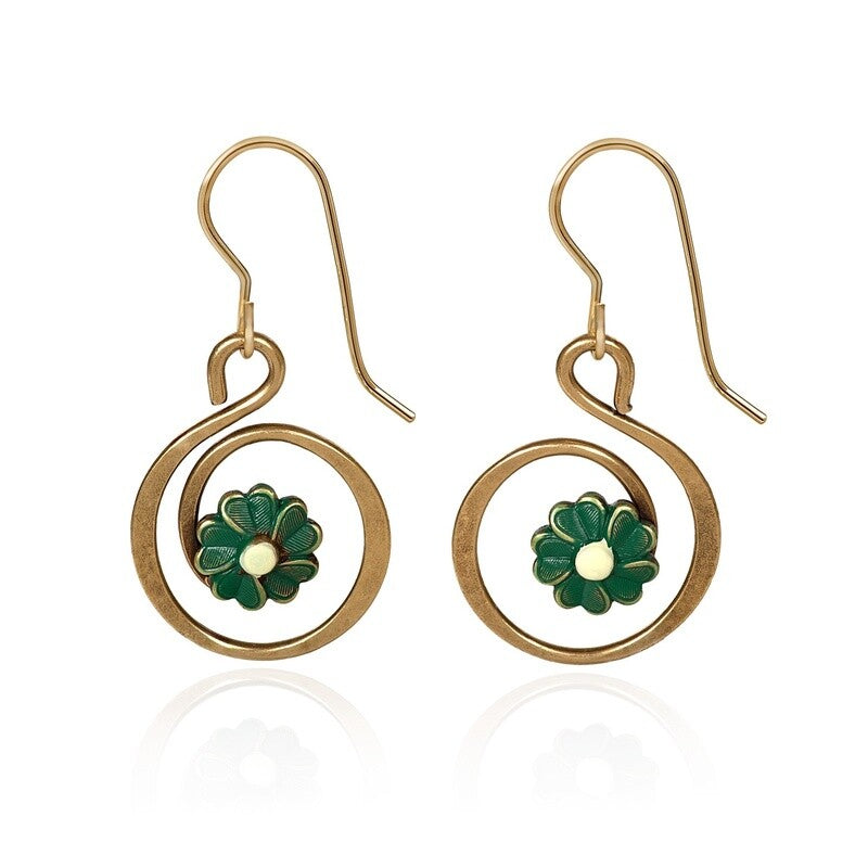 Silver Forest Green Flower Earrings-NE-1754C