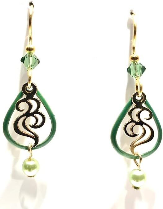 Silver Forest Open Green Tear with Gold Swirl and Green Beads Pierced Earrings-NE-2111