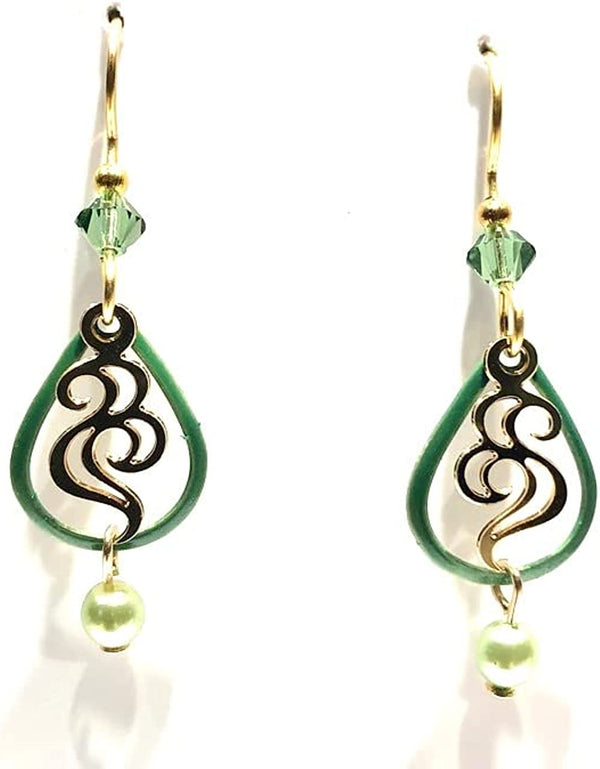 Silver Forest Open Green Tear with Gold Swirl and Green Beads Pierced Earrings. NE-2111