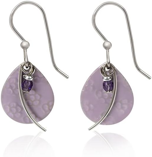 Silver Forest Earrings Flower Textured Tear with Wisp and Ameythst Drop - NE-1912B