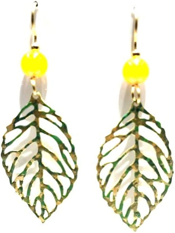 Silver Forest Vibrant Green and Golden Pierced Leaf Pierced Earrings. NE-0677A