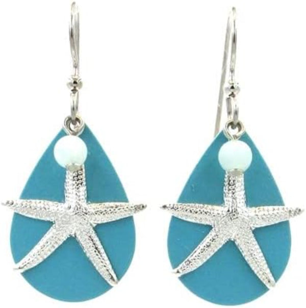 Silver Forest Earring Silver Starfish and Sky Blue Teardrop - NE-1498
