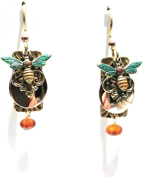 Silver Forest Green & Gold Insect on Golden Layers & Drop Pierced Earrings NE-2054