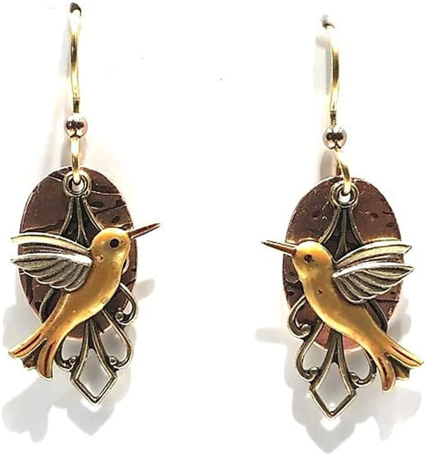 Silver Forest Golden Hummingbird with Filigree and Texured Oval Pierced Earrings. NE-2051