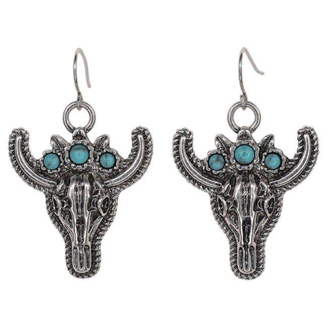 Justin Earrings Steer Head W/Faux Turquoise Flower Crown - 24028EJ1