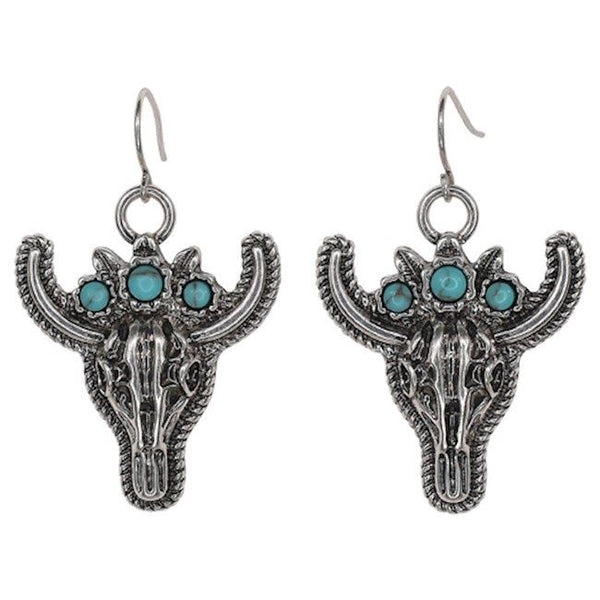 Justin Earrings Steer Head W/Faux Turquoise Flower Crown - 24028EJ1