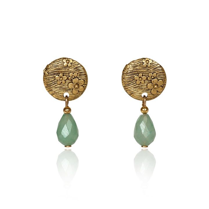 Silver Forest Flower with Green Drop Earrings-NE-1751B