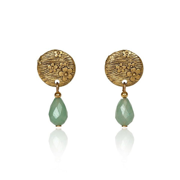 Silver Forest Flower with Green Drop Earrings-NE-1751B