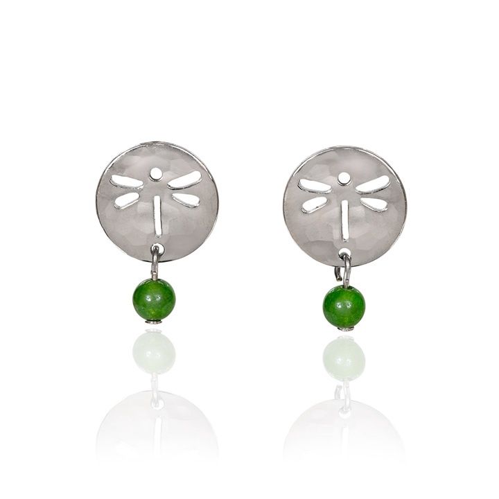 Silver Forest Silver Dragonfly With Green Bead Drop Earrings - NE-1918