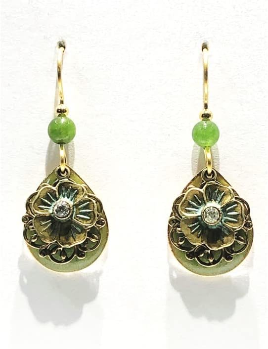 Silver Forest Earring Light Green Tear with Light Green Flower & Filagree - NE-1821A