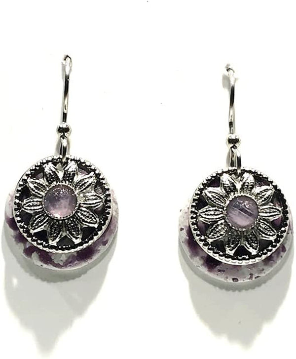Silver Forest Silver Flower on Marbled Amethyst Round and Amethyst Stone. NE-1963A