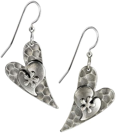 Silver Forest Hammered Heart Dangle Earrings - NE-0395