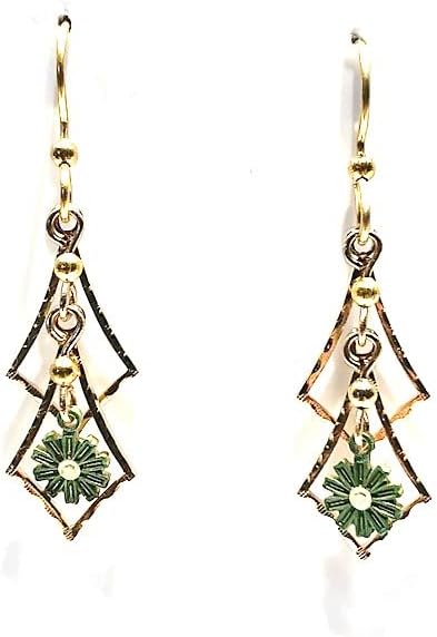 Silver Forest Golden Diamond Cascade with Green Flower Pierced earrings - NE-1610D