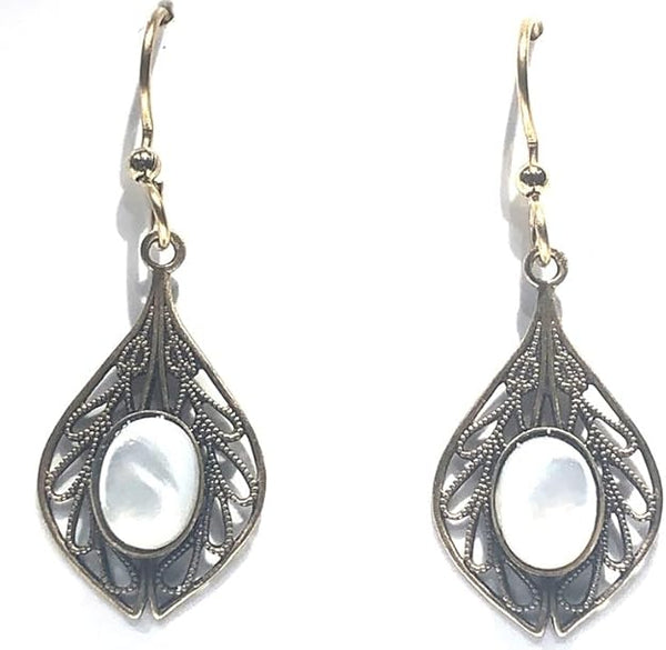 Silver Forest Mother of Pearl Oval Stone Earrings - NE-2204