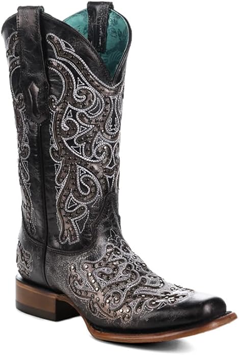 Corral Ladies Black Laser and Embroidery Stud Square Toe - Z5263