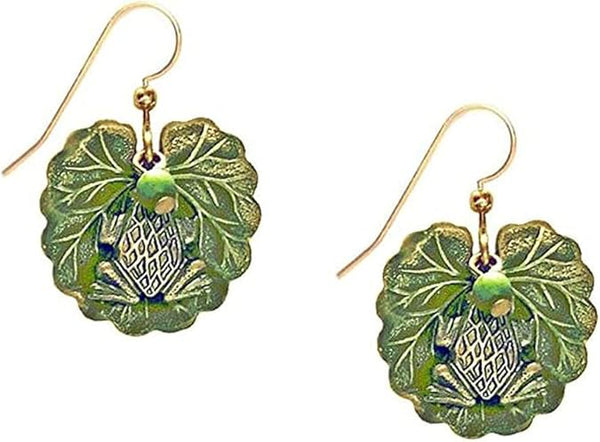 Silver Forest Earring Frog on Leaf with Bead Drop - NE-1753A