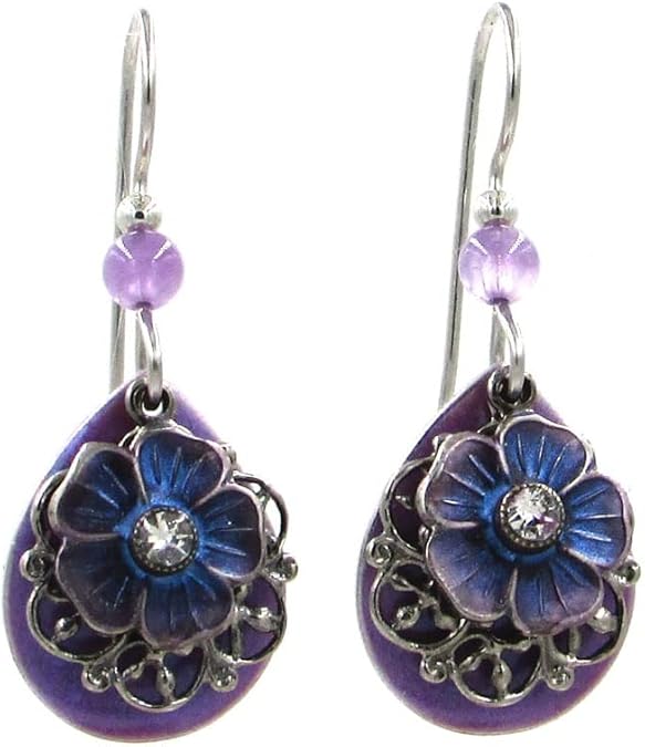 Silver Forest Earring Purple Tear with Flower and Silver Filigree - NE-1821
