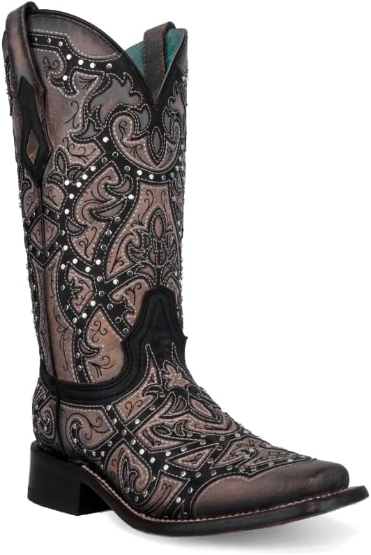 Corral Ladies Black/Copper Laser & Embroidery & Studs SQ toe - C4046