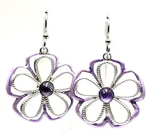 Silver Forest Earring Open Silver & Amethyst Flower with Amethyst Stone Center - NE-2101