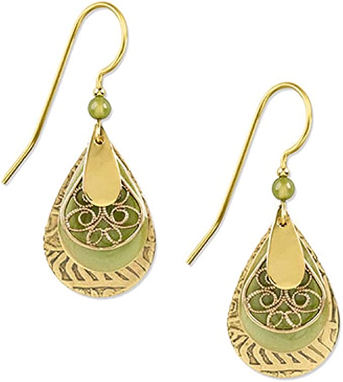 Silver Forest Green Enamel and Gold Filigree Teardrop Earrings E-8061E