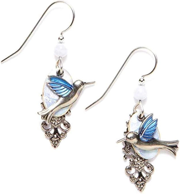 Silver Forest Blue Hummingbird Dangle Earrings - E-9757