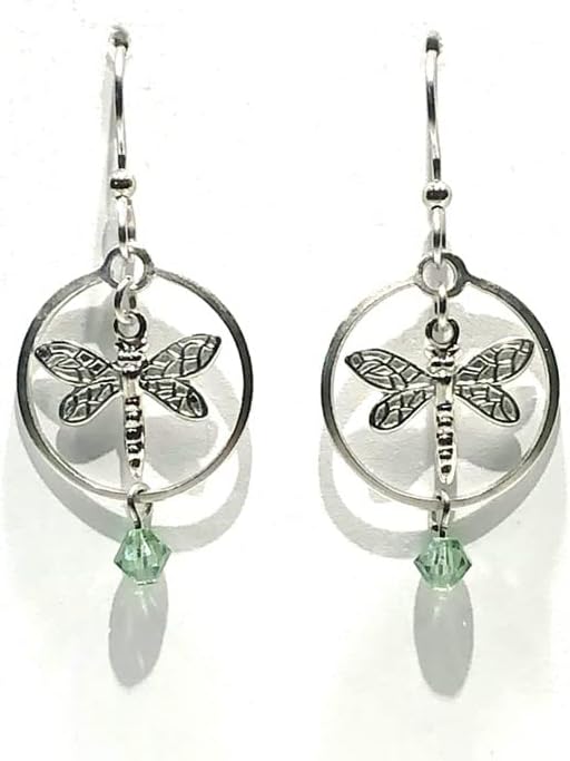 Silver Forest Earring Dragonly in Circle with Light Green Bead Drop - NE-1948A