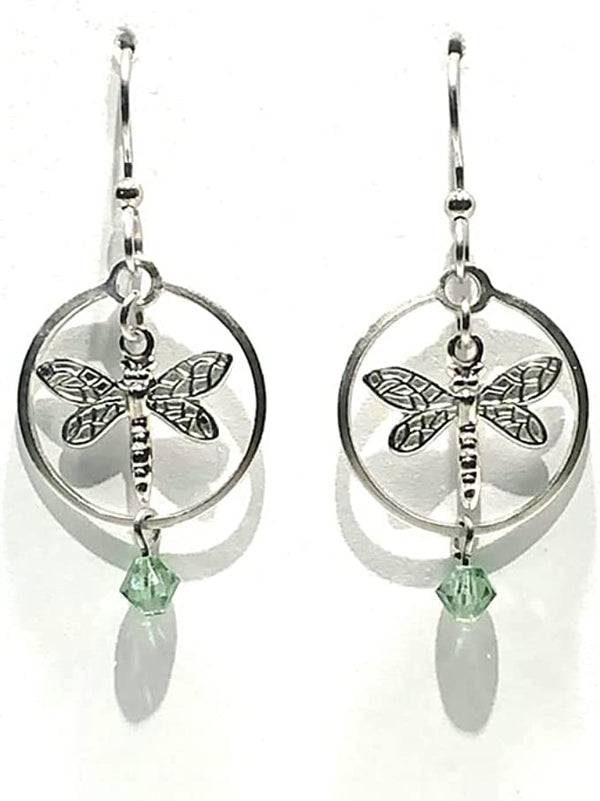 Silver Forest Dragon Fly in Circle with Light Green Bead Drop NE-1948A
