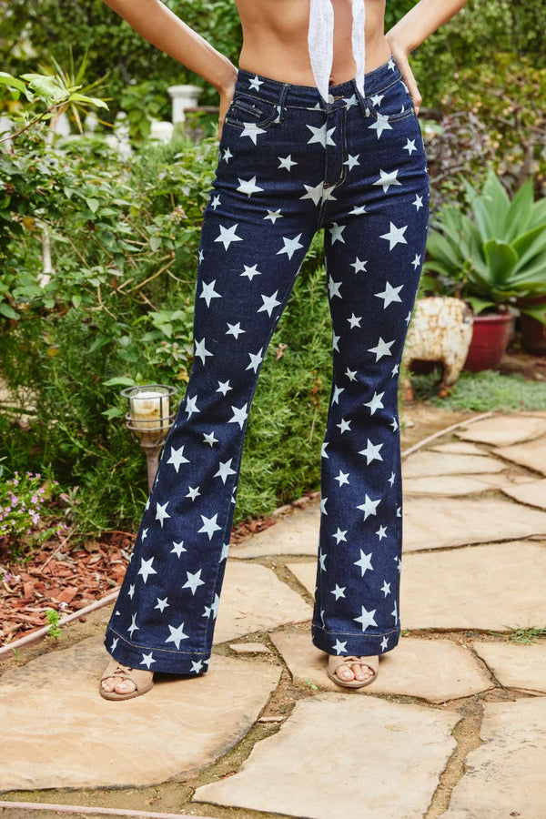 Judy Blue All Over Star Print Rinse Wash Flare Jeans JB88662