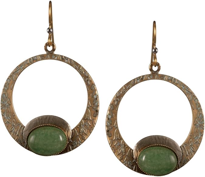 Silver Forest Earring Flowered Textured Loop with Green Stone - NE-0805